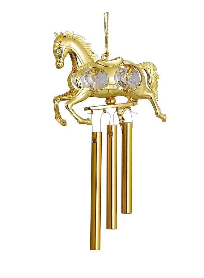 حصان دوار مطلي بالذهب عيار 24 قيراط مرصع بالكريستال مع أجراس هوائية (مطلي بالذهب 6 سم × 2 سم × 13 سم)